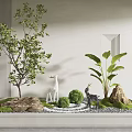 Miniature Garden Scene with Green Tree Large Leaf Plant Deer Goat Figurines Rocks Moss Pebbles