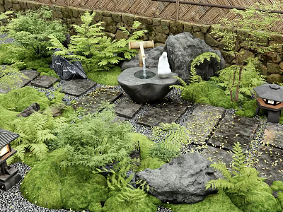 Stepping Stones Path In Japanese Garden With Green Plants Moss Rocks And Lantern 3d model