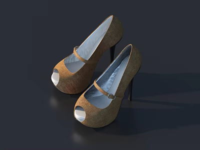 Light Brown Peep Toe High Heels With Stiletto Heel And Ankle Strap 3d model