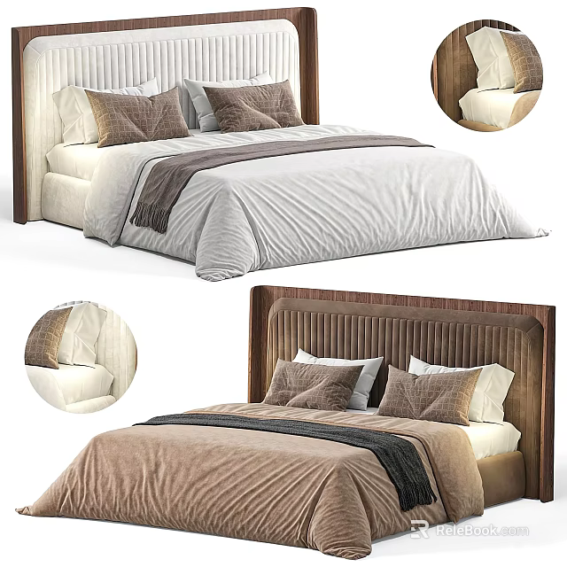 Modern Double Bed With Upholstered Headboard Soft Pillows And Neutral Tones Duvet 3d model 