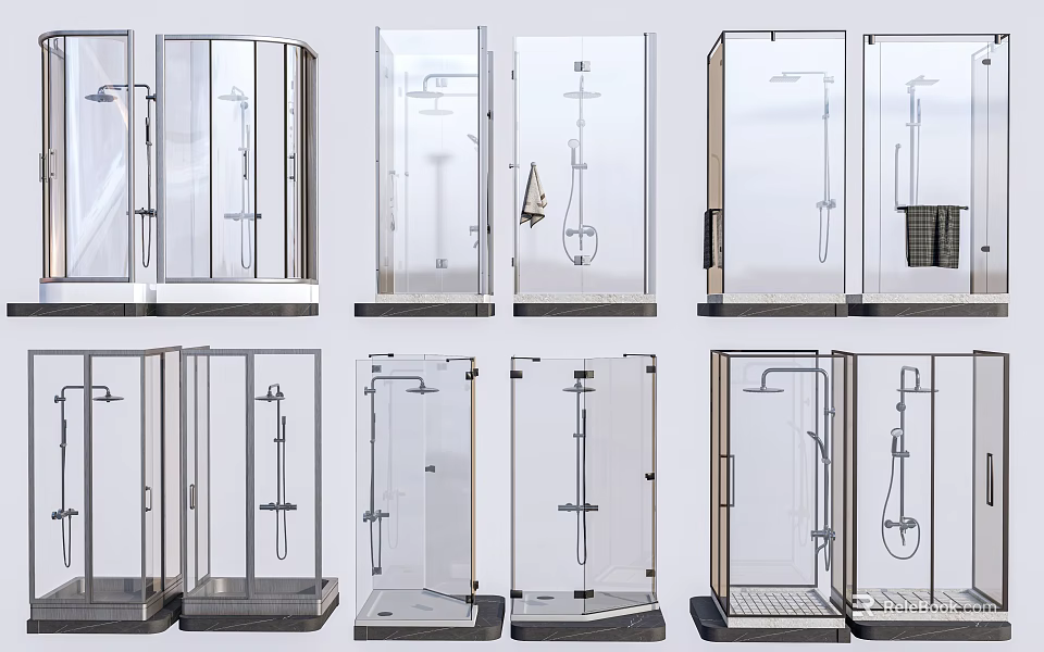 Shower Head Fixtures In Modern Glass Enclosure With Various Styles For Bathroom Design 3d model 
