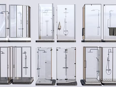 Shower Head Fixtures In Modern Glass Enclosure With Various Styles For Bathroom Design 3d model