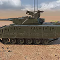 Modern Military Tank With Turret Tracks And Antennas On Dry Arid Ground
