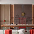 Elegant Tea Room Interior With Wooden Walls Decorative Painting Tea Sets And Red White Stools