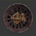 Decorative Copper Bowl With Stacked Wood Logs On Textured Base And Metallic Finish