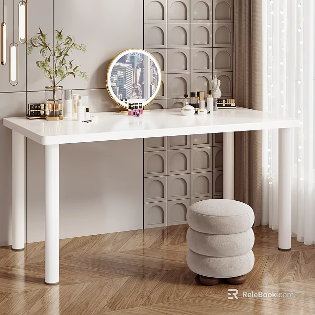 Modern Study Room With White Desk Round Mirror Green Plant Gray Wall And Wooden Floor 3d model 