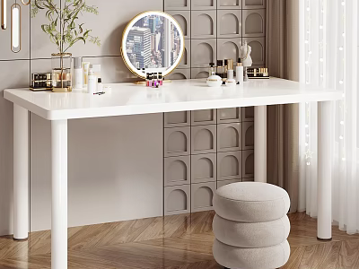 Modern Study Room With White Desk Round Mirror Green Plant Gray Wall And Wooden Floor 3d model
