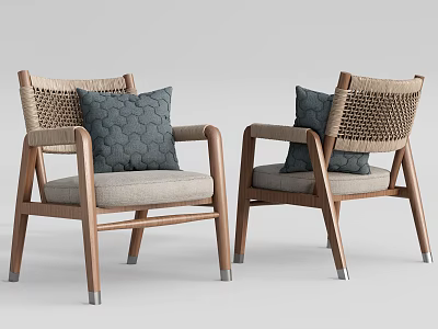 Modern Armchairs With Wooden Frame Woven Backrest Light Colored Cushions And Dark Pillows 3d model