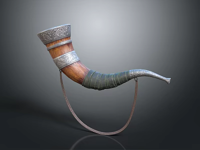 Wooden Horn Shaped Daily Life Accessory With Silver Metal Decorative Bands And Hanging Rope 3d model