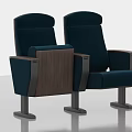 Two Blue Theater Seats With Wooden Armrests And Metal Legs