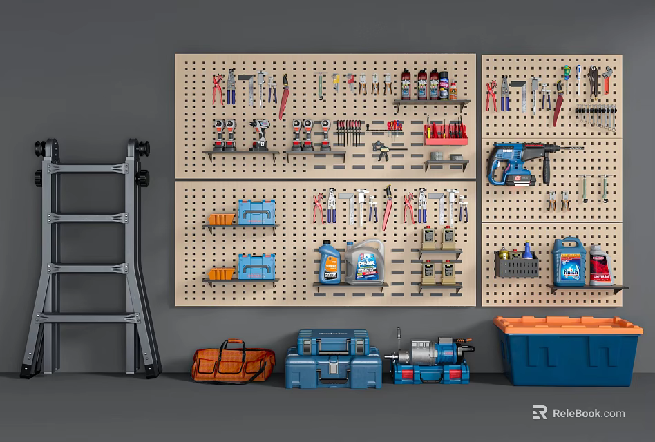 Organized Hardware Tools With Pegboard Wall Various Tools Toolboxes Ladder And Storage Bins 3d model 