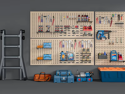 Organized Hardware Tools With Pegboard Wall Various Tools Toolboxes Ladder And Storage Bins 3d model