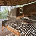 Hotel Room With Thatched Roof Wooden Bed Green Plants Stone Wall And Tiled Floor