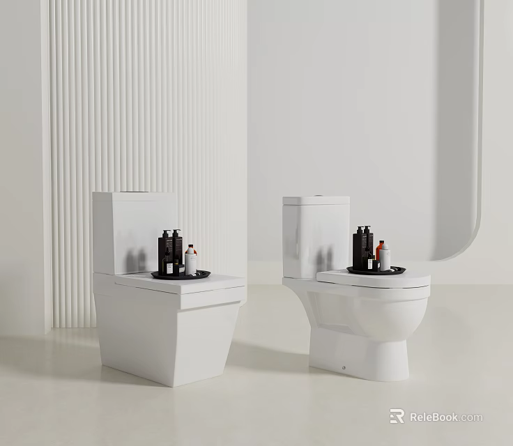 Two Modern White Toilets In Minimalist Bathroom With Decorative Items 3d model 