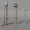 3D Rendering Of Various Water Towers And Communication Towers On Gray Background