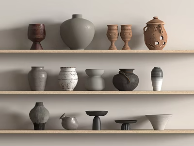 Stylish Ceramic Vessels Displayed On Wooden Shelves With Various Shapes And Colors 3d model