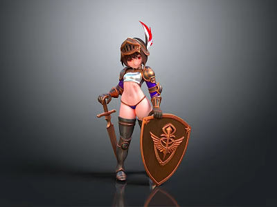 Female Warrior With Armor Helmet Red Feather Sword Shield Emblem Shorts And Long Boots 3d model