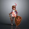 Female Warrior With Armor Helmet Red Feather Sword Shield Emblem Shorts And Long Boots