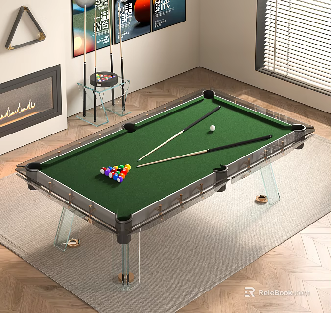 Green Felt Entertainment Table With Colorful Billiard Balls Cue Sticks And Clear Legs 3d model 