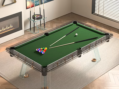 Green Felt Entertainment Table With Colorful Billiard Balls Cue Sticks And Clear Legs 3d model