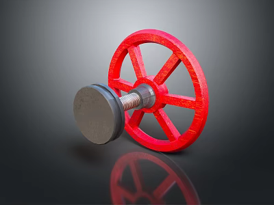 Industrial Red Valve Wheel with Central Metal Component on Dark Reflective Surface 3d model