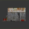 Weathered Wooden Hut with Rusty Metal Roof Surrounded by Tools Wheelbarrow and Wooden Planks