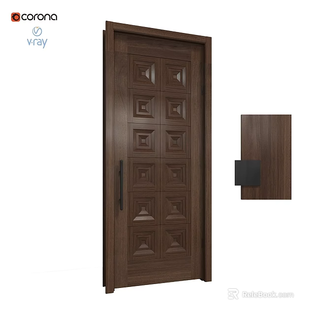 Wooden Door With Square Patterns And Modern Handle For Interior Design 3d model