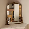 Ornate Gold Framed Mirror On White Marble Countertop Reflecting Room Interior
