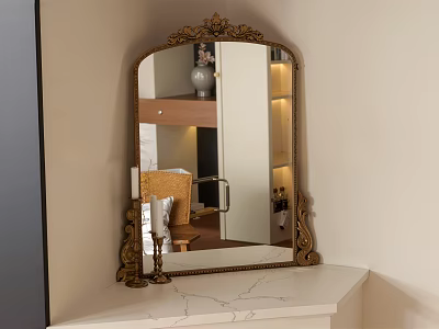 Ornate Gold Framed Mirror On White Marble Countertop Reflecting Room Interior 3d model