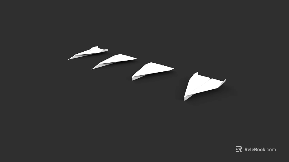 Four White Paper Airplanes Arranged on Black Background in Line 3d model 