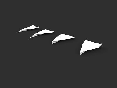 Four White Paper Airplanes Arranged on Black Background in Line 3d model