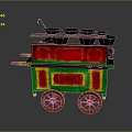 Colorful Vintage Food Cart With Red Green Body And Black Bowls On Wheels