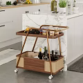 Wheeled Two Tier Wooden Rattan Side Table for Kitchen Storage with Fruits and Wine Bottles