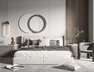 Modern Bedroom Interior With Double Bed Round Mirrors Pillows Nightstand And Green Plant 3d model