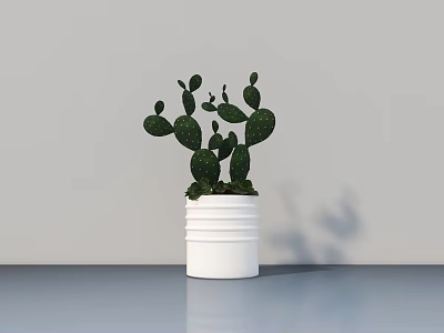 Indoor Potted Cactus Plant with White Striped Pot and Green Pads on Gray Tabletop 3d model