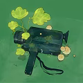 Vintage Black Digital Camera With Green Leaves And Round Fruits On Green Background