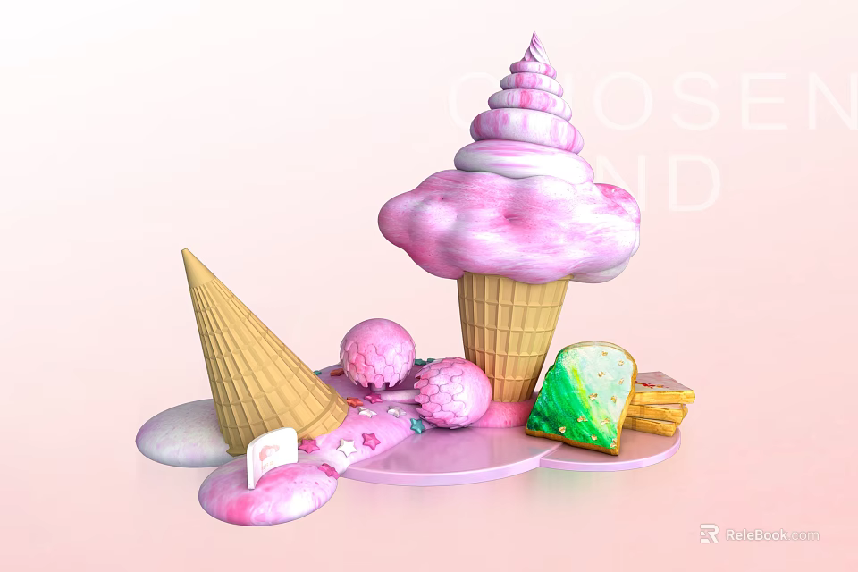 Pink Swirled Ice Cream Cone With Melting Scoops Another Cone And Green Dessert Treats 3d model 