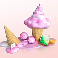 Pink Swirled Ice Cream Cone With Melting Scoops Another Cone And Green Dessert Treats