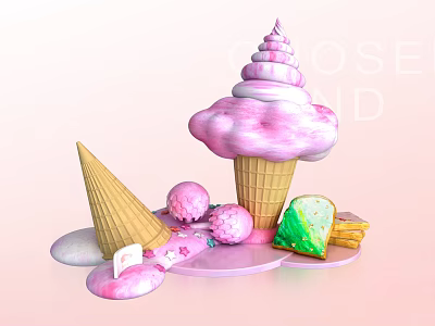 Pink Swirled Ice Cream Cone With Melting Scoops Another Cone And Green Dessert Treats 3d model