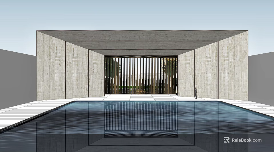 Modern Entrance Gate With Concrete Walls Pool And Metal Grille Greenery 3d model 