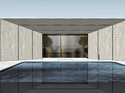 Modern Entrance Gate With Concrete Walls Pool And Metal Grille Greenery 3d model
