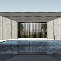 Modern Entrance Gate With Concrete Walls Pool And Metal Grille Greenery