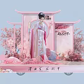 Boshan Ceramic Art Display With Pink Decor Traditional Costume And Cherry Blossom
