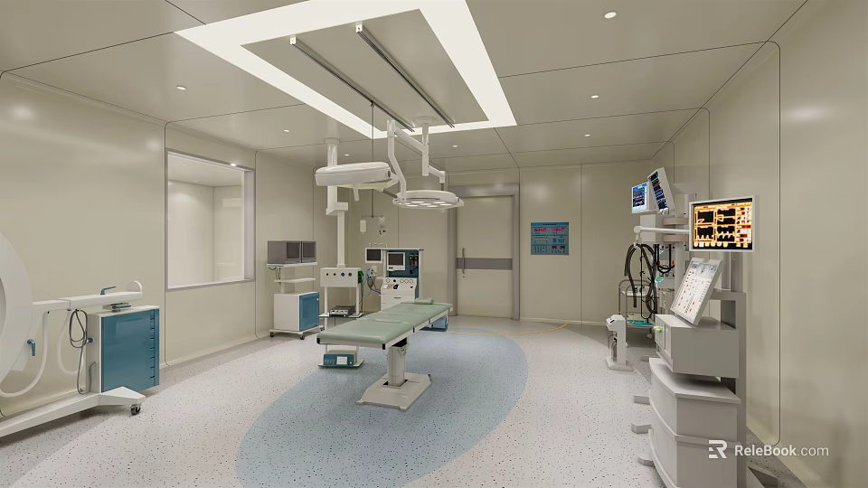 Modern Operating Room Interior With Surgical Table Lights And Medical Equipment 3d model 