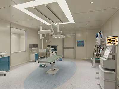 Modern Operating Room Interior With Surgical Table Lights And Medical Equipment 3d model