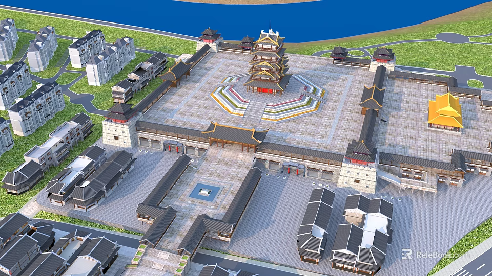 Traditional Chinese Ancient Architecture Complex With Central Pagoda And Symmetrical Courtyard Design 3d model 