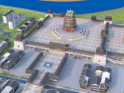 Traditional Chinese Ancient Architecture Complex With Central Pagoda And Symmetrical Courtyard Design 3d model