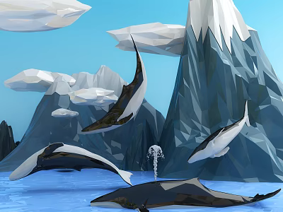 Whales Swimming Around Icebergs In Clear Blue Water Natural Scene 3d model