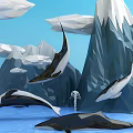 Whales Swimming Around Icebergs In Clear Blue Water Natural Scene