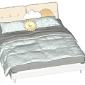 Double Bed With Padded Headboard Leaf Patterned Quilt Cloud Shaped Pillows And White Frame 3d model